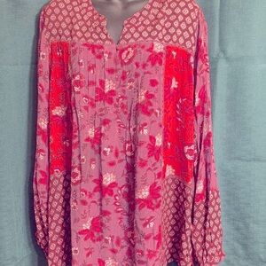 COLDWATER CREEK Women's Boho Tunic Top Long Sleeve Mixed Red Purple Color Sz XL